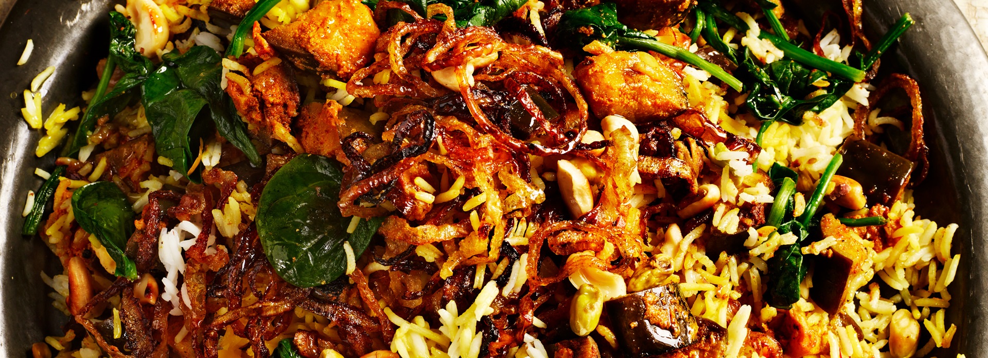 Aubergine biryani with spiced yoghurt aubergine, fried onions and saffron rice