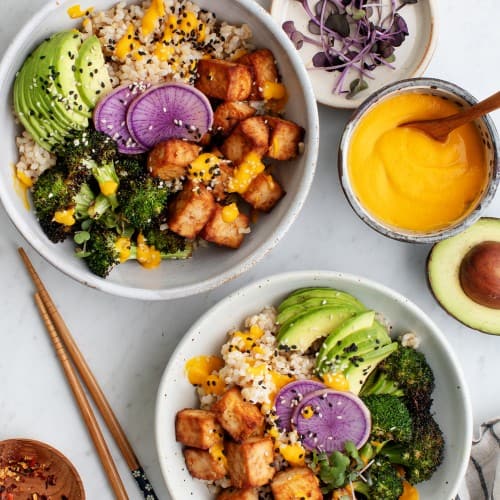 Crispy Tofu Bowls with Carrot Ginger Dressing