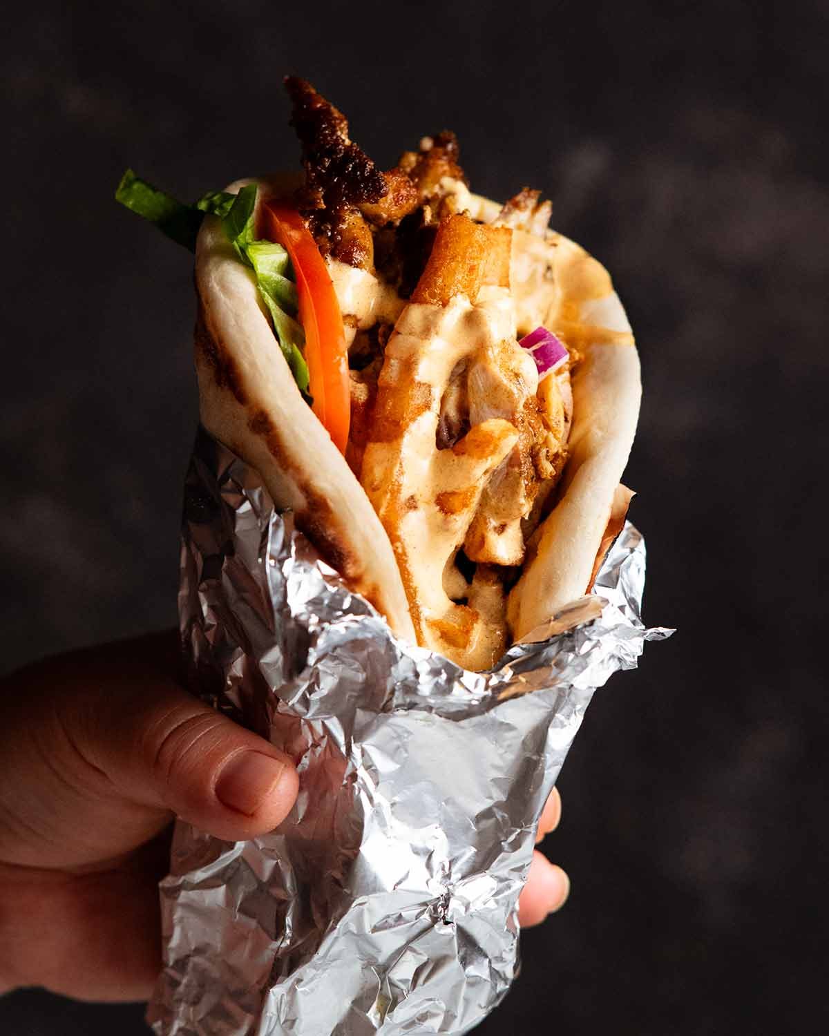 Kalimera-style Greek chicken gyros (curry-mustard marinade)