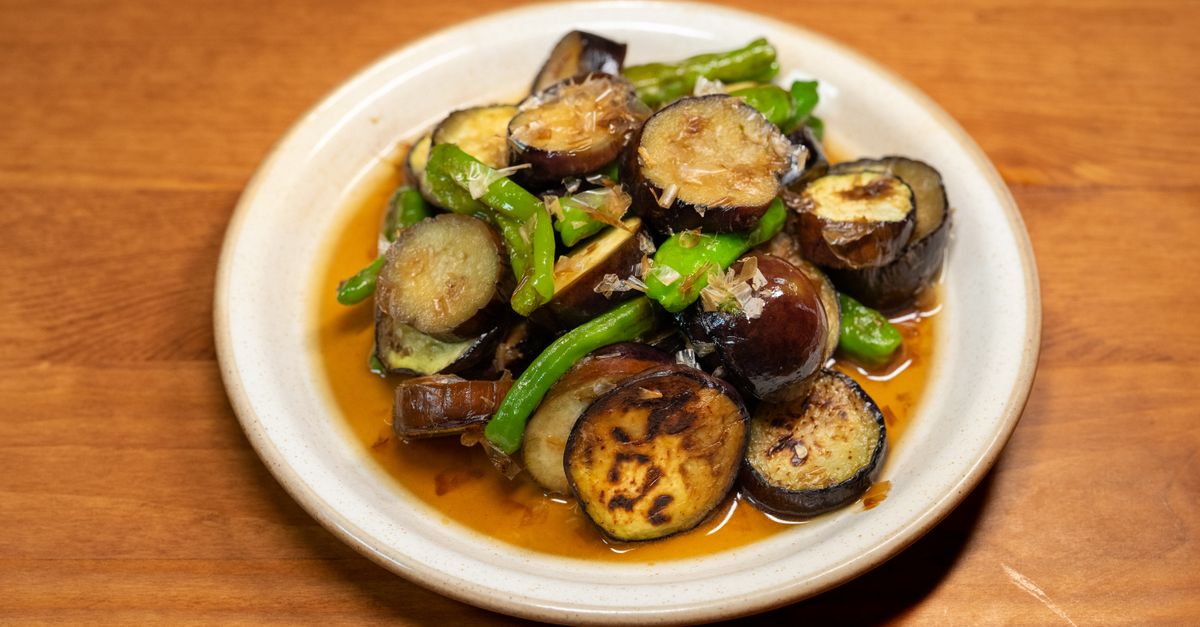 Umami-Glazed Aubergine with Sesame Greens and Brown Rice