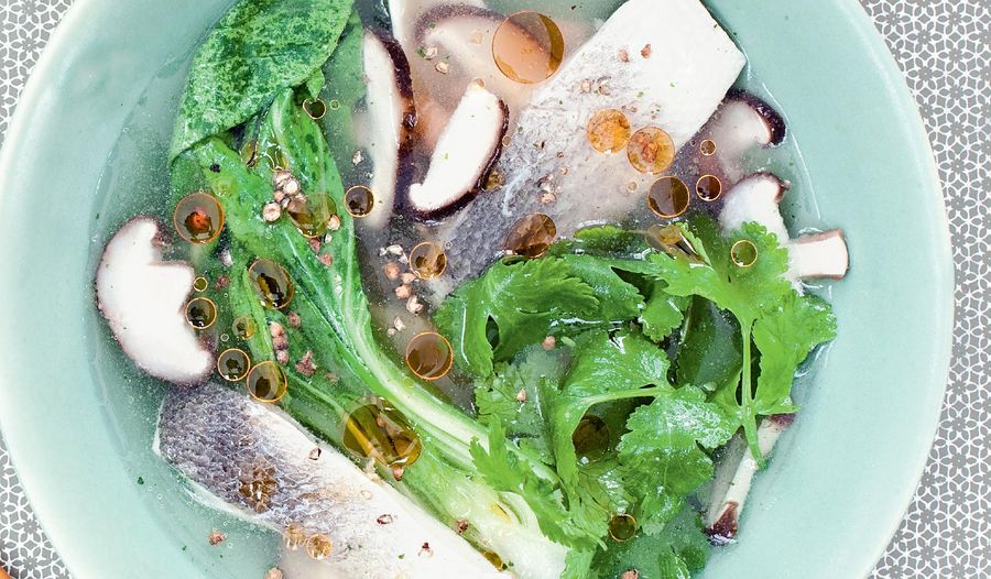 Sea Bass, Baby Pak Choy and Coriander Soup