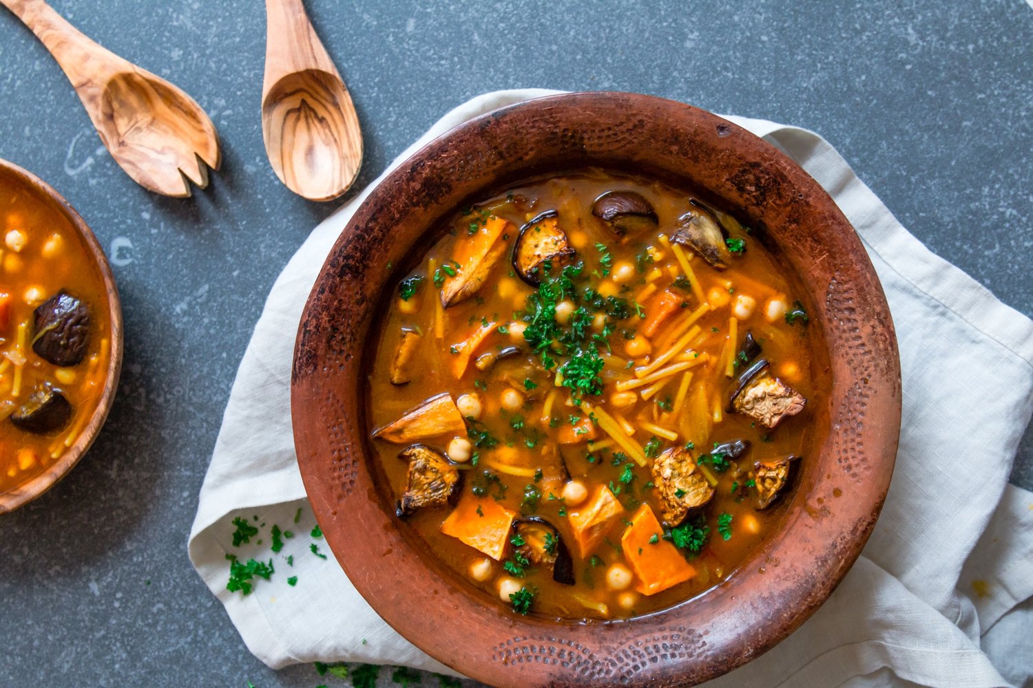 Saffron chorba with roasted aubergine and sweet potatoes (vegan)