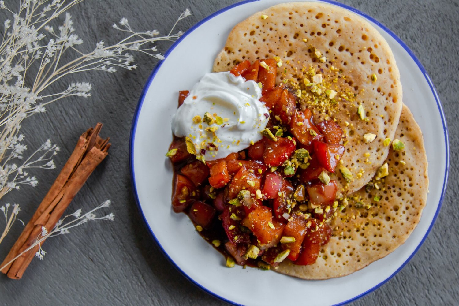 Baghrir pancakes with brown butter spiced apples