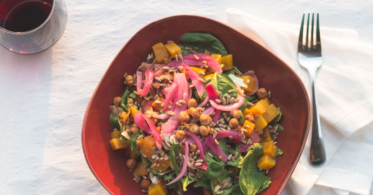 Warm Roasted Chickpea Salad with Pomegranate, Feta and Za'atar Dressing