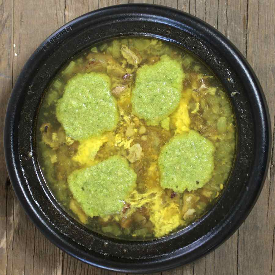 Saltah (Yemeni hilbeh soup with lamb and rice)