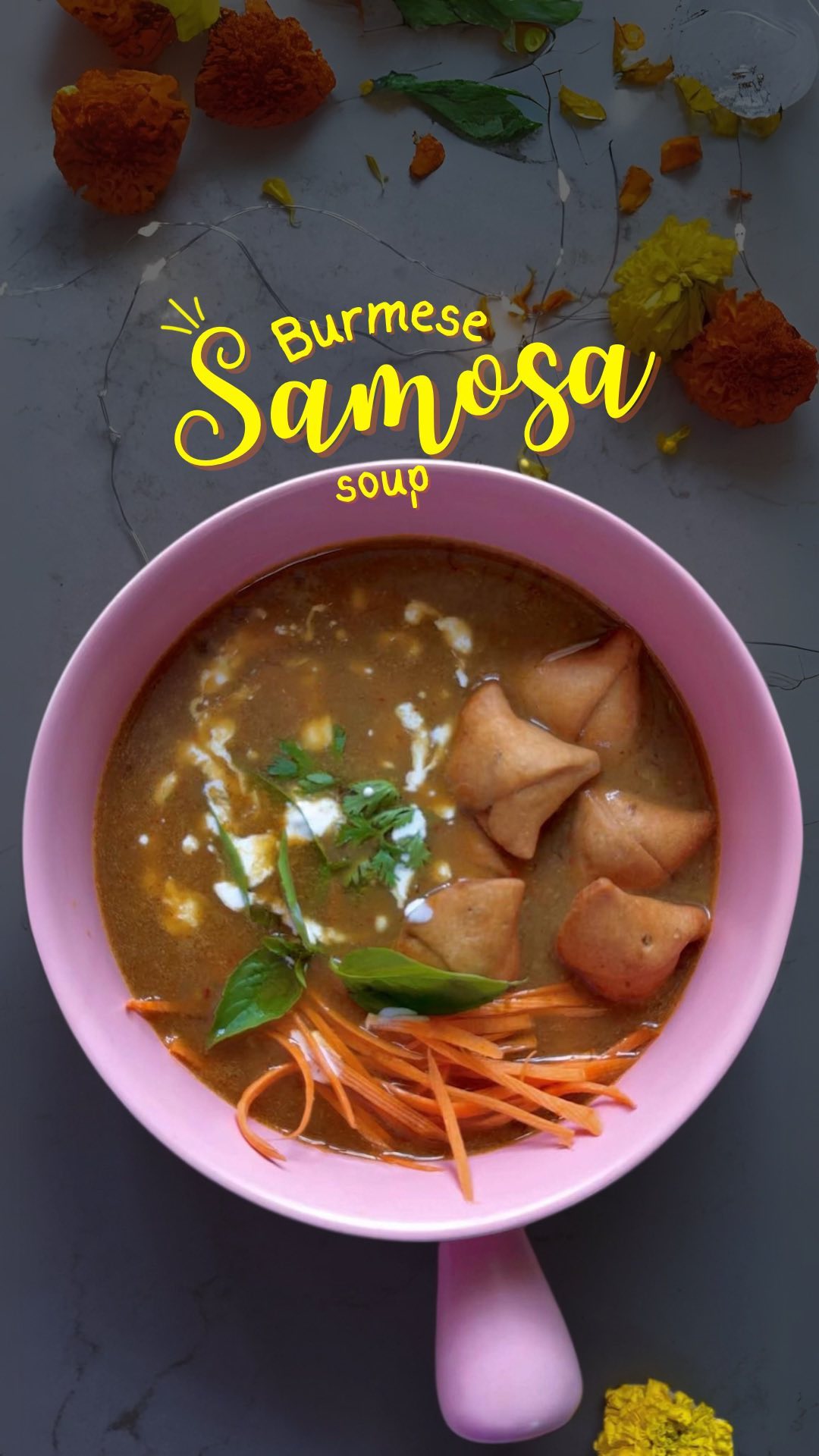 Hot Burmese-style soup with baked mini samosas