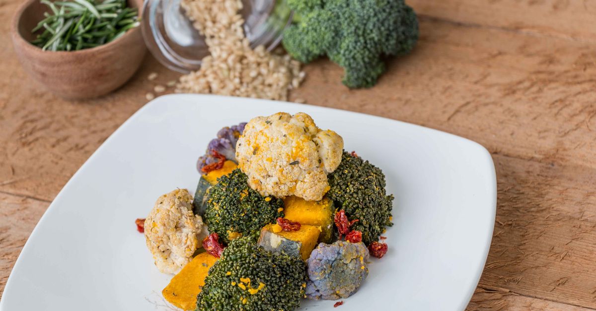 Roasted Broccoli & Feta with Pomegranate & Crispy Chickpeas
