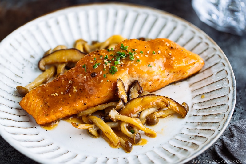 Miso butter salmon with mushroom sauce