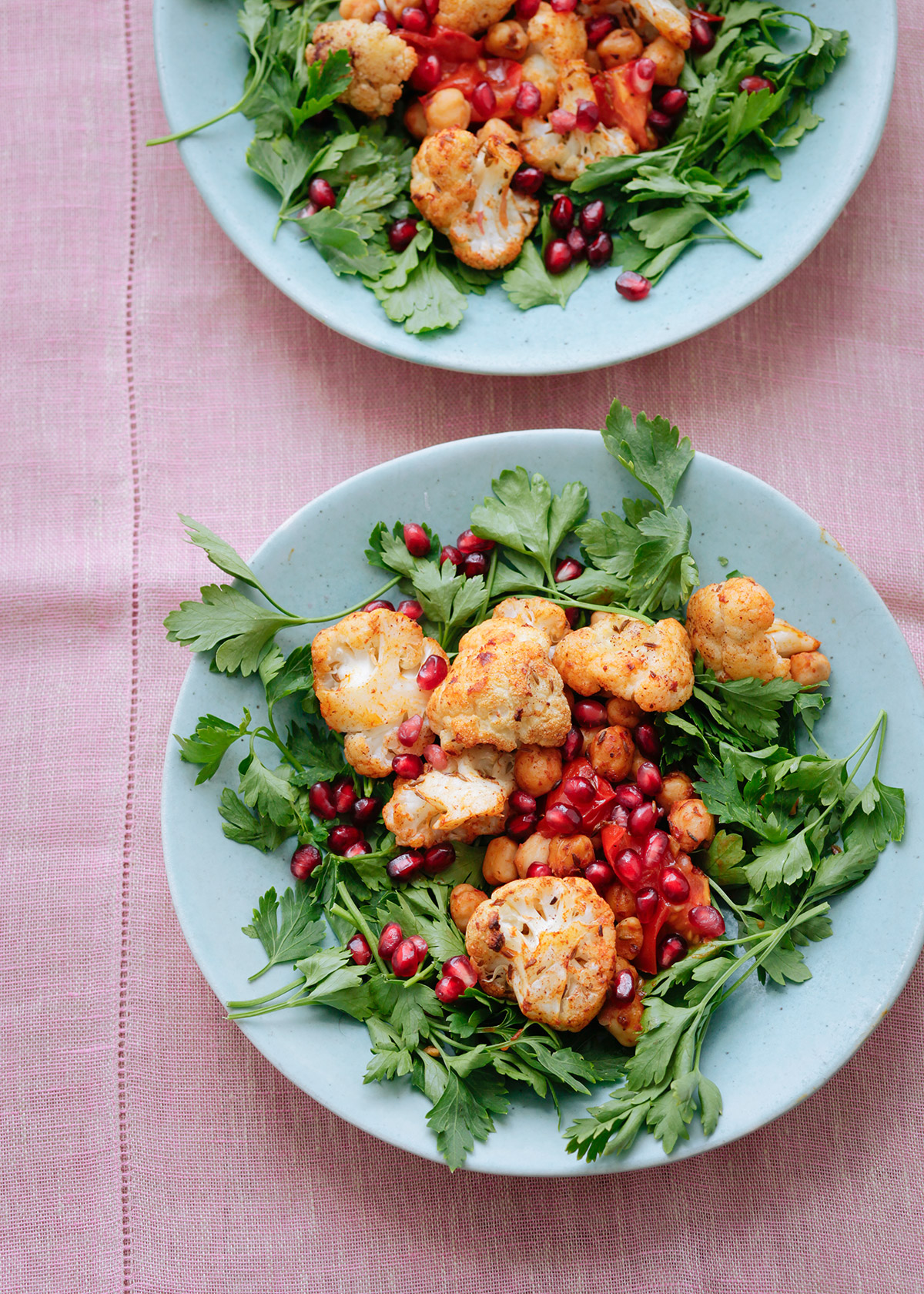 Warm Spiced Cauliflower and Chickpea Salad with Pomegranate Seeds