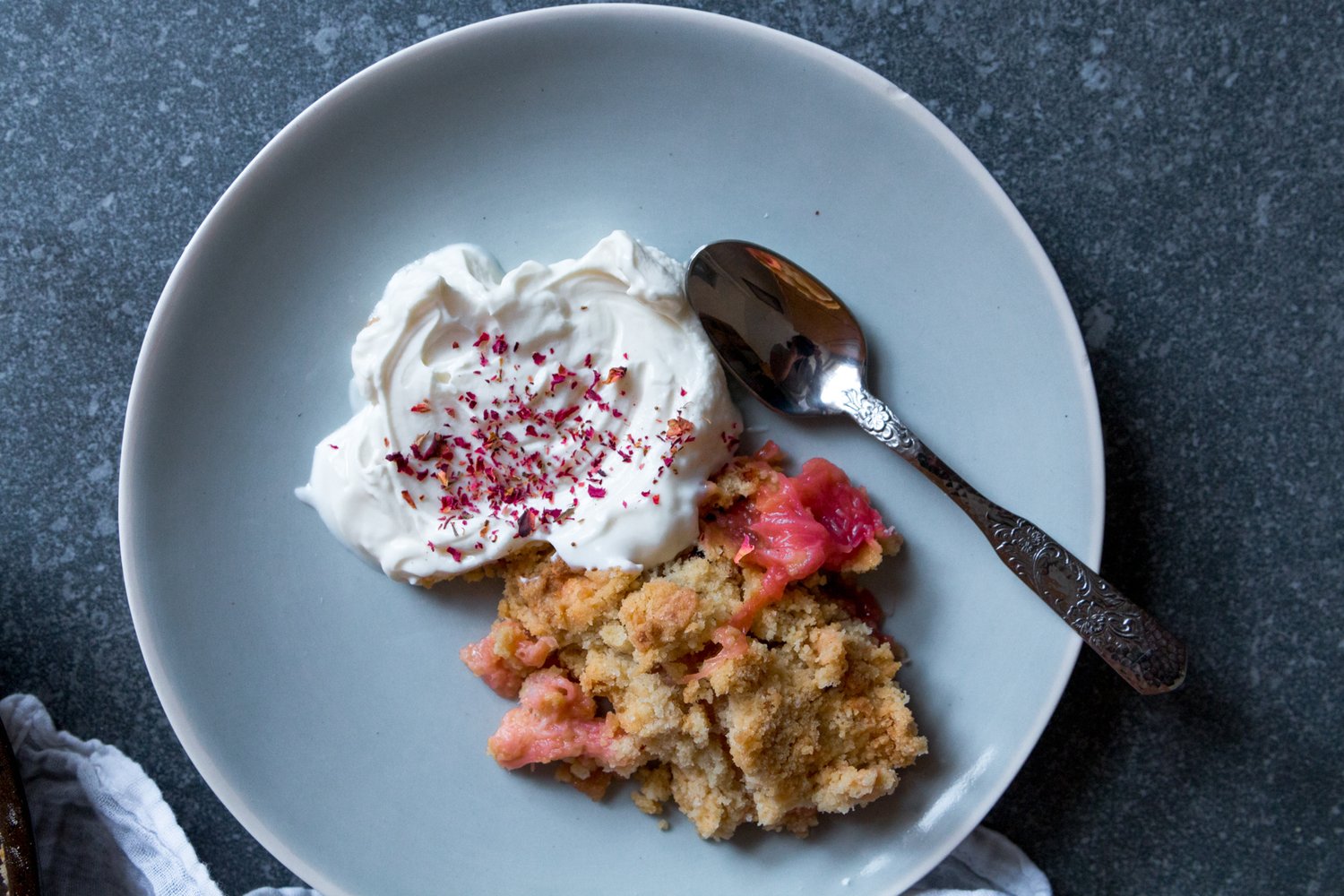 Rhubarb, ginger and rose crumble