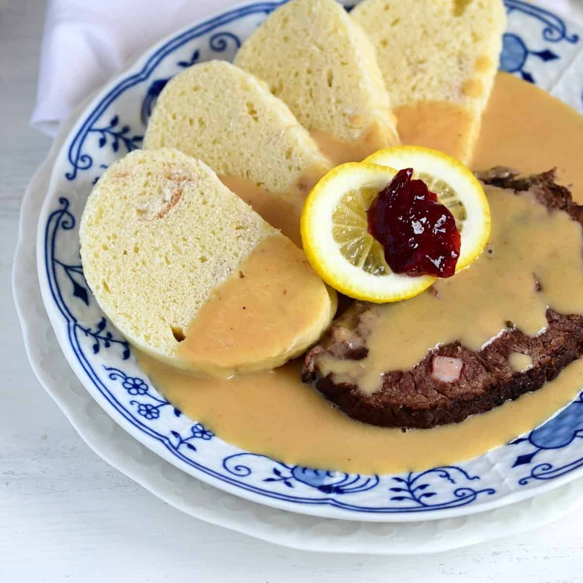 Svíčková na smetaně (Czech roast beef in creamy root-vegetable sauce)