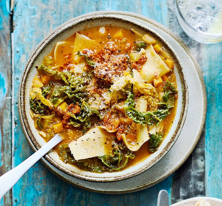 Red pesto minestrone soup