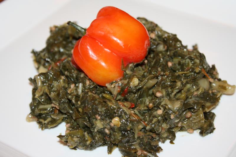 Dasheen bush bhaji with okra and coconut milk