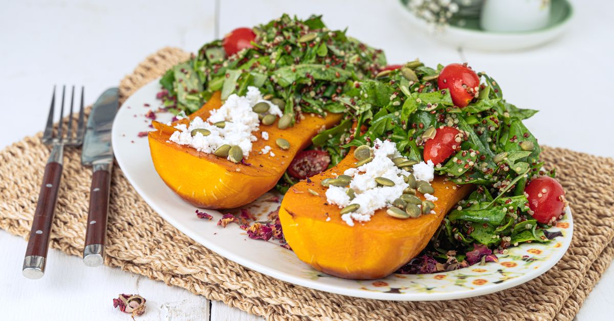 Peruvian Roasted Butternut Squash with Quinoa and Aji Amarillo Cream