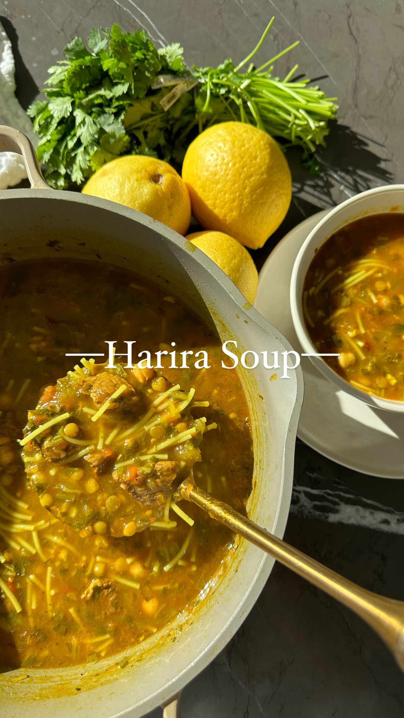 Moroccan Harira-Style Soup (with beef, lentils, chickpeas & noodles)