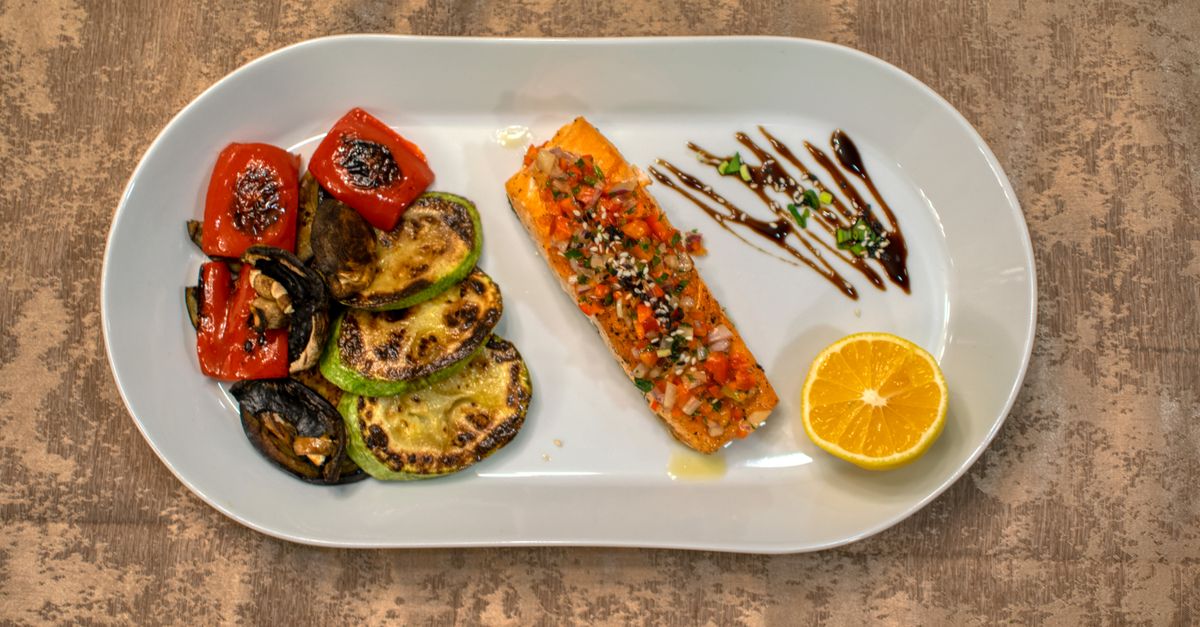 Harissa Glazed Salmon with Herbed Couscous and Roasted Vegetables