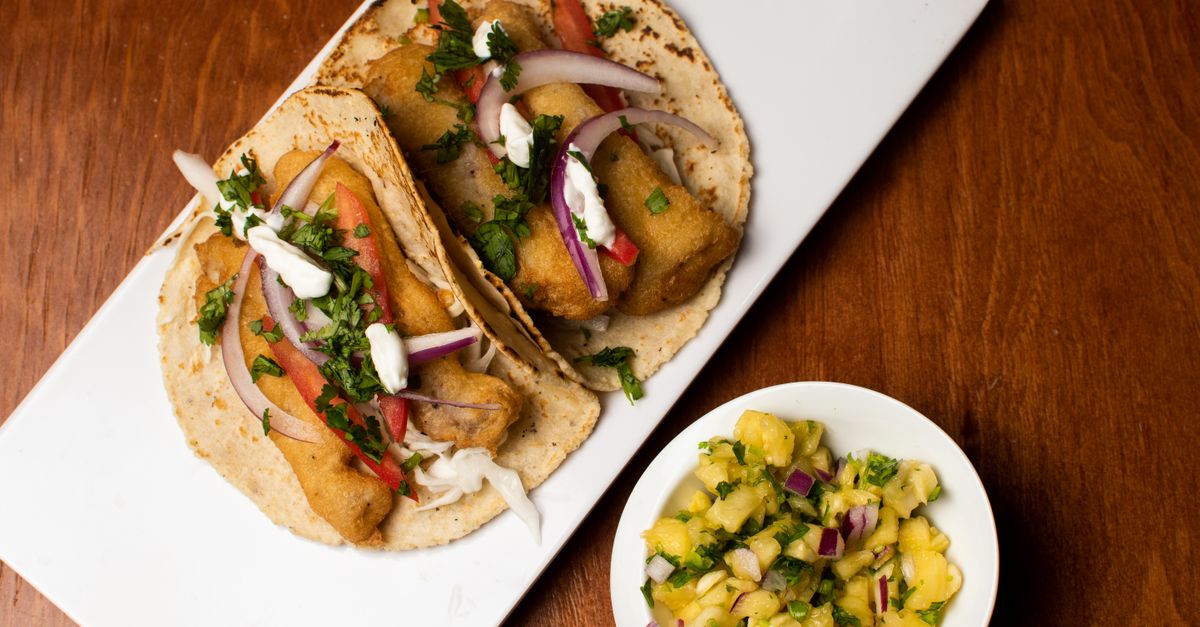 Mexican Fish Tacos with Mango Salsa and Lime Crema