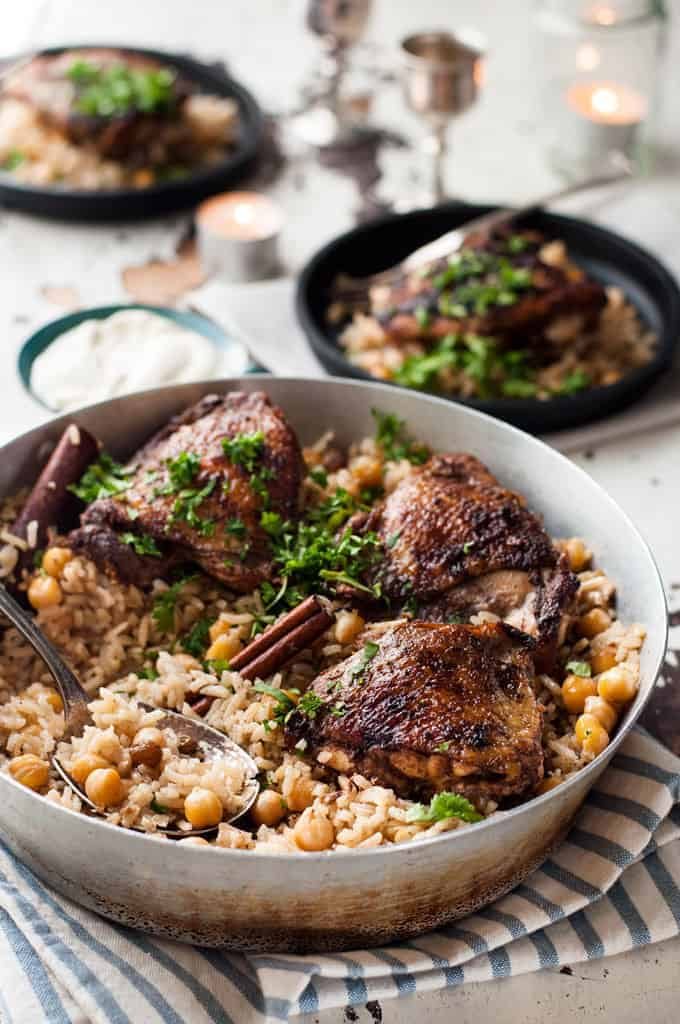 One-Skillet Oven-Baked Chicken Shawarma with Rice Pilaf