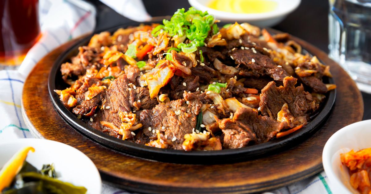 Korean Mushroom Bulgogi with Kimchi Fried Rice and Sesame Vegetables