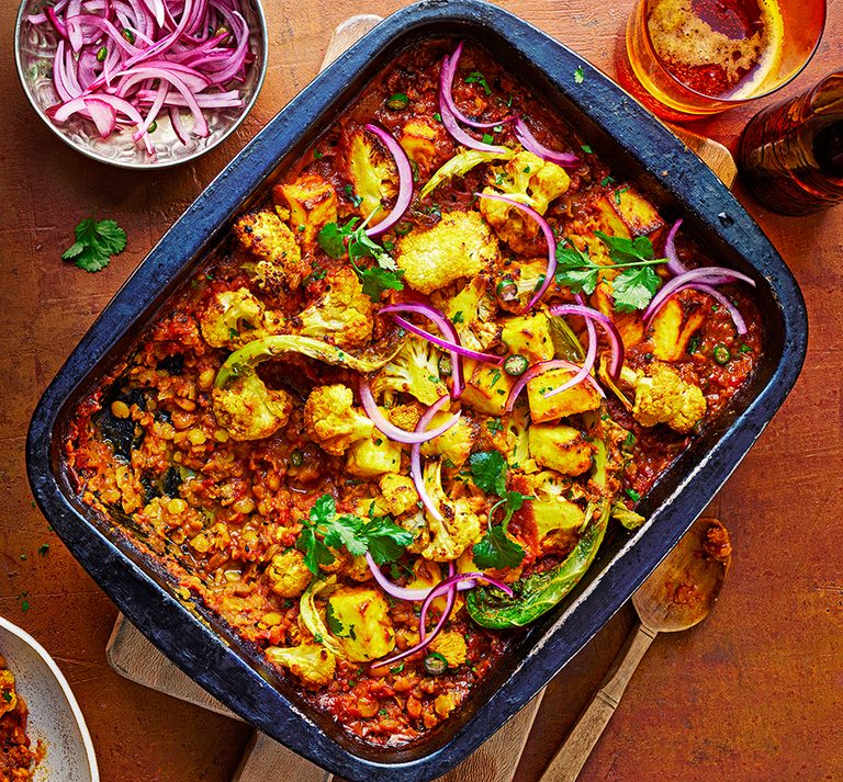 Baked coconut dhal with spiced cauliflower & paneer