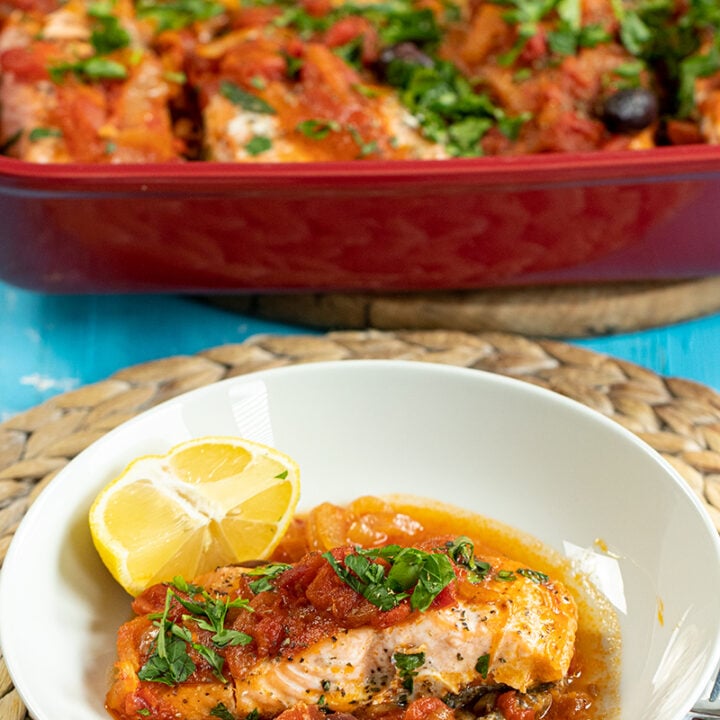 Baked Salmon Plaki (Greek Salmon with Onions and Tomatoes)