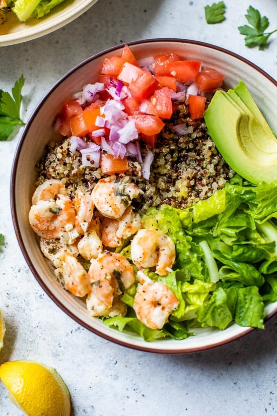 Lemon-Chili Shrimp Avocado Quinoa Bowls