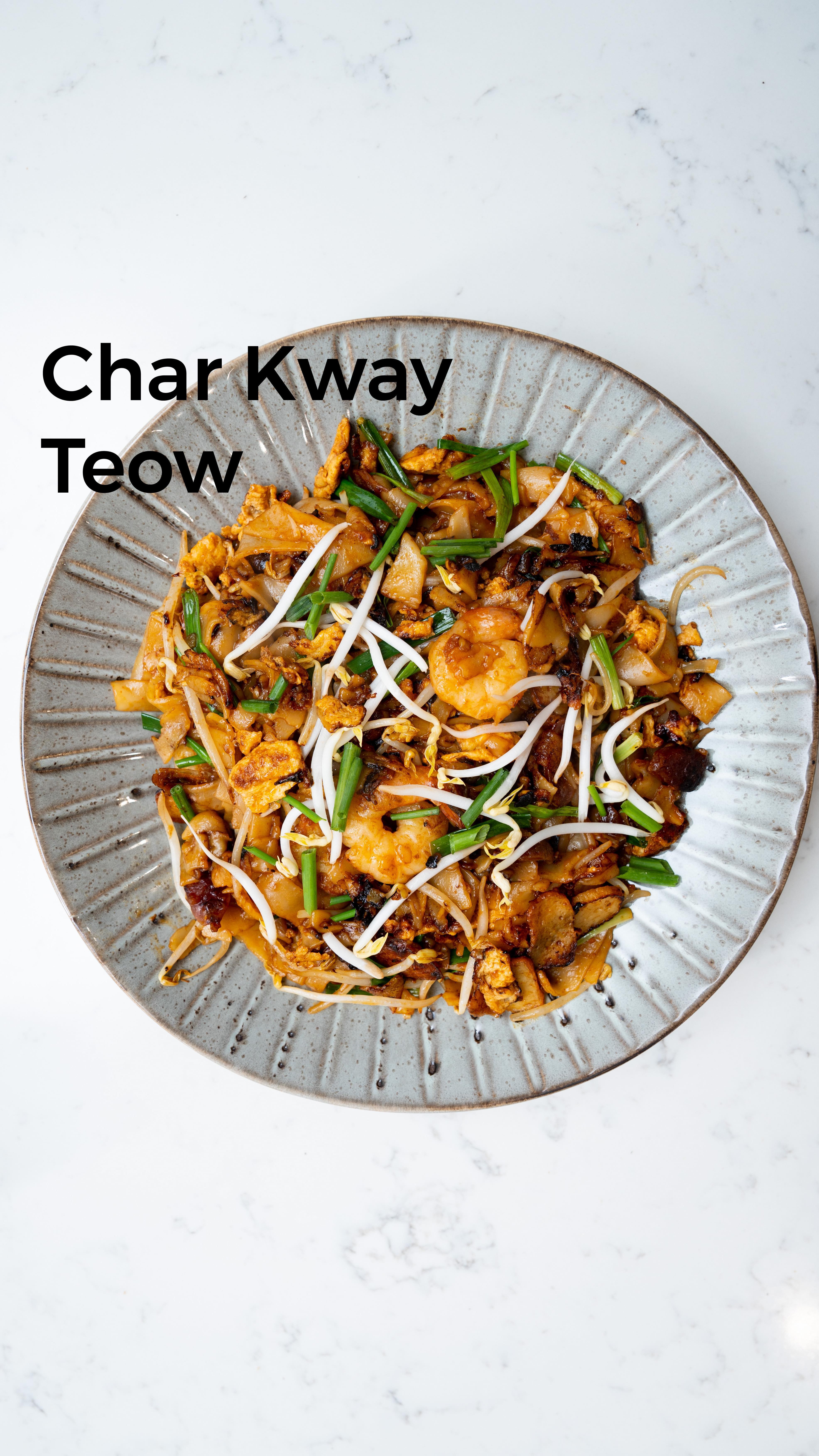 Char kway teow with Sriracha red hot chilli sauce