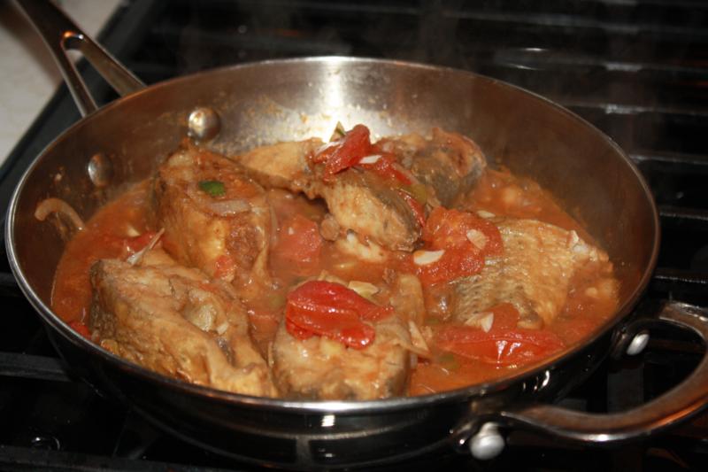 Appetizing Caribbean Stew Fish (with fried flour-coated fish)