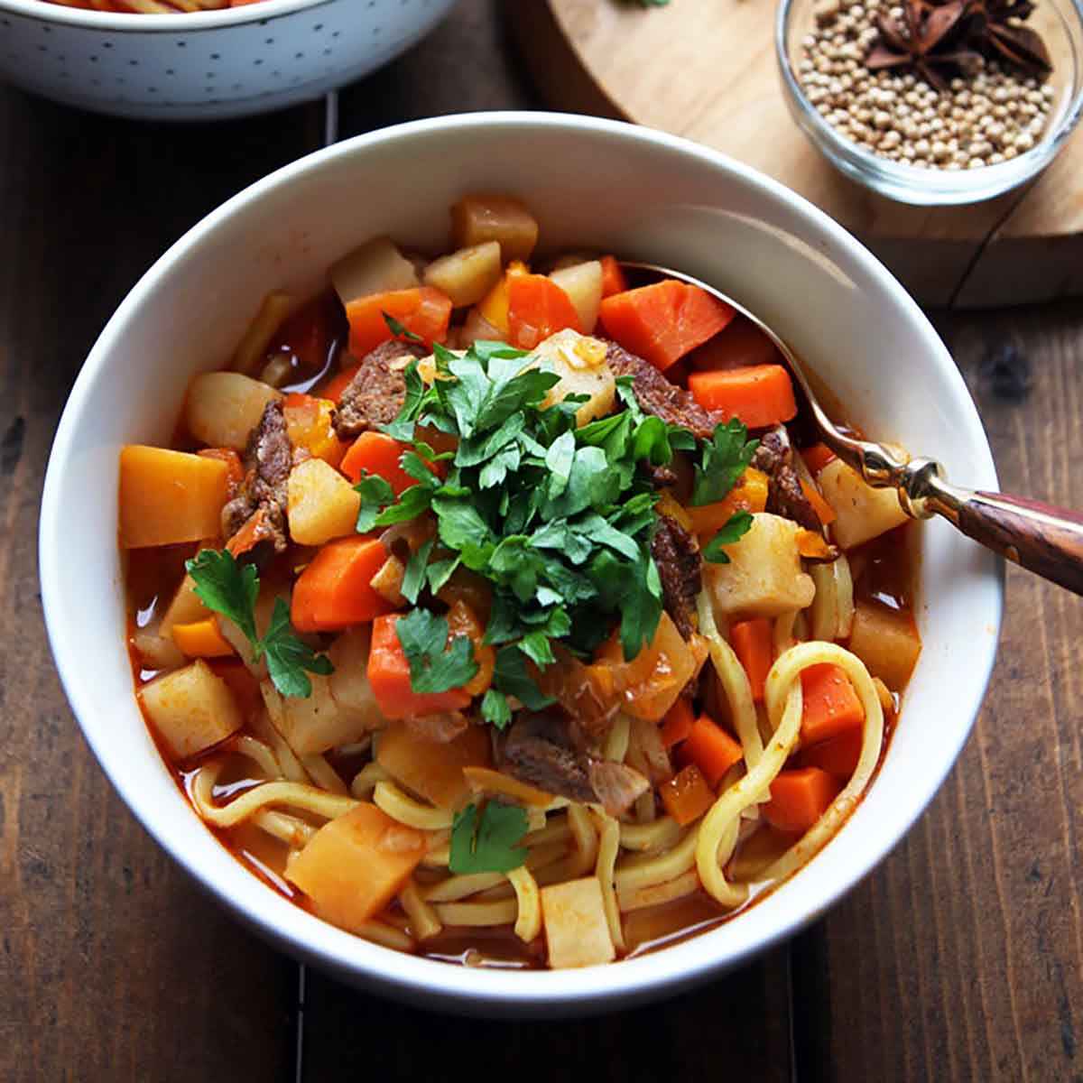 Lagman Uzbek beef noodle soup with vegetables