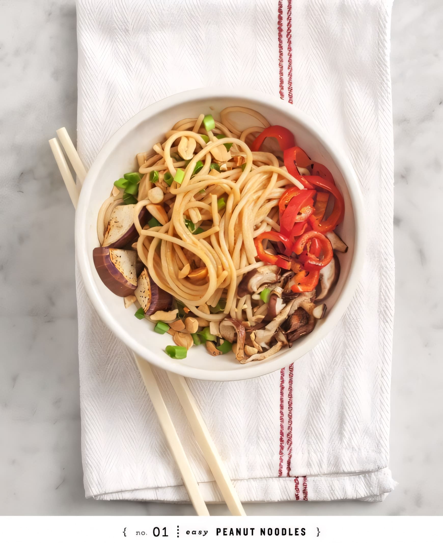 Easy Peanut Noodles (with sautéed mushrooms, aubergine and red peppers)