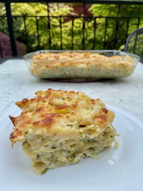 Baked courgette, cheddar and béchamel pasta bake