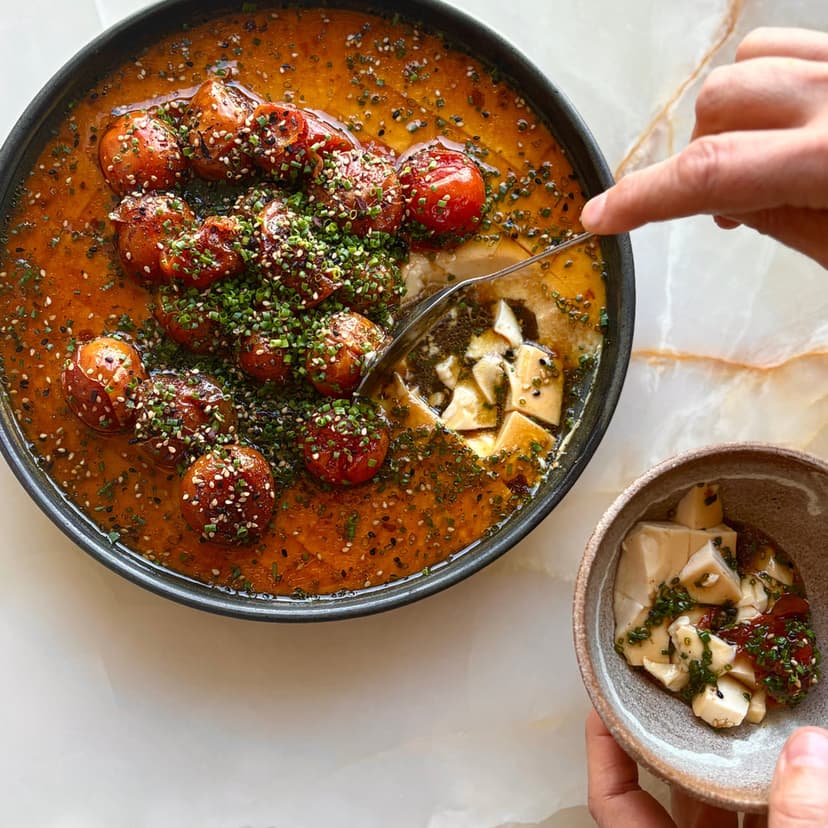Miso Steamed Eggs with Jammy Tomatoes and Furikake