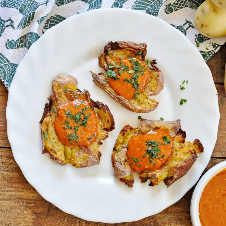 Crispy Smashed Potatoes with Spanish Mojo Picon Sauce