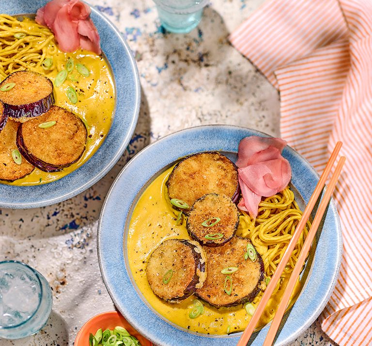 Katsu aubergine noodles