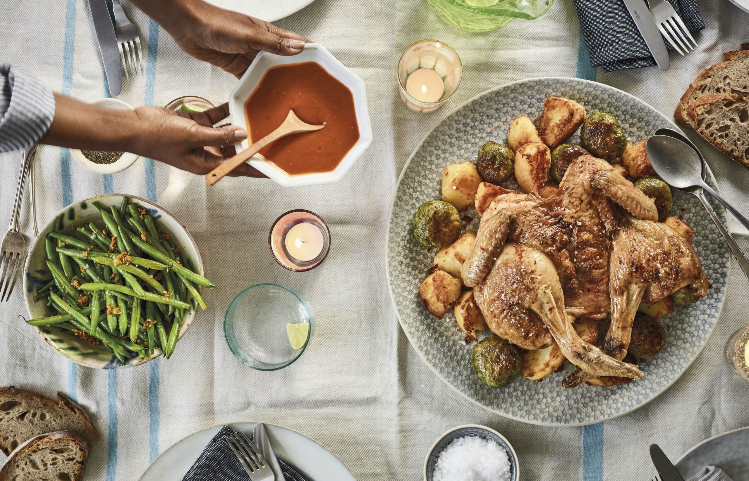 Nadiya Hussain Sunday Lunch Roast Chicken with Ghee Roast Potatoes, Coriander Stuffing and Tomato Tamarind Gravy