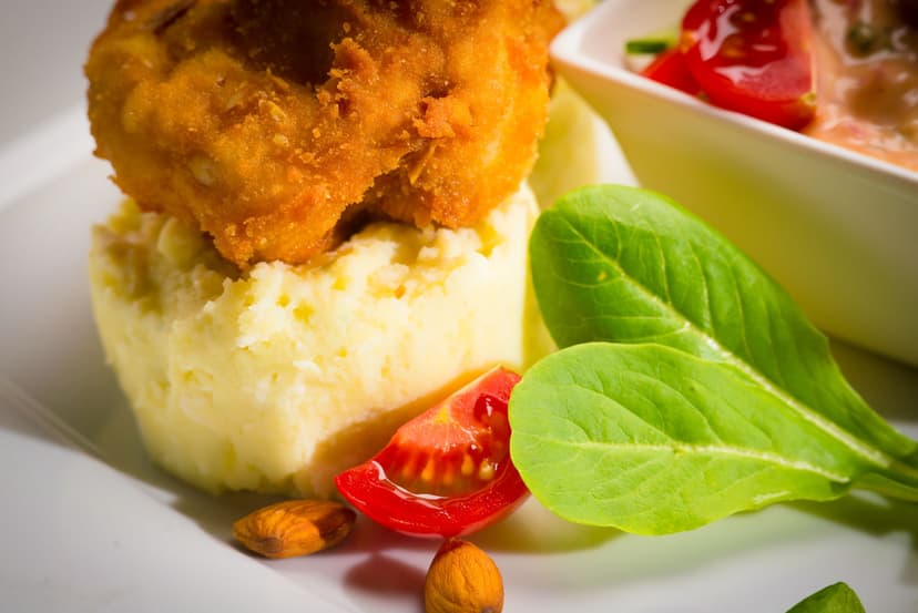 Sumac-Crusted Tempeh over Chickpea and Cauliflower Mash