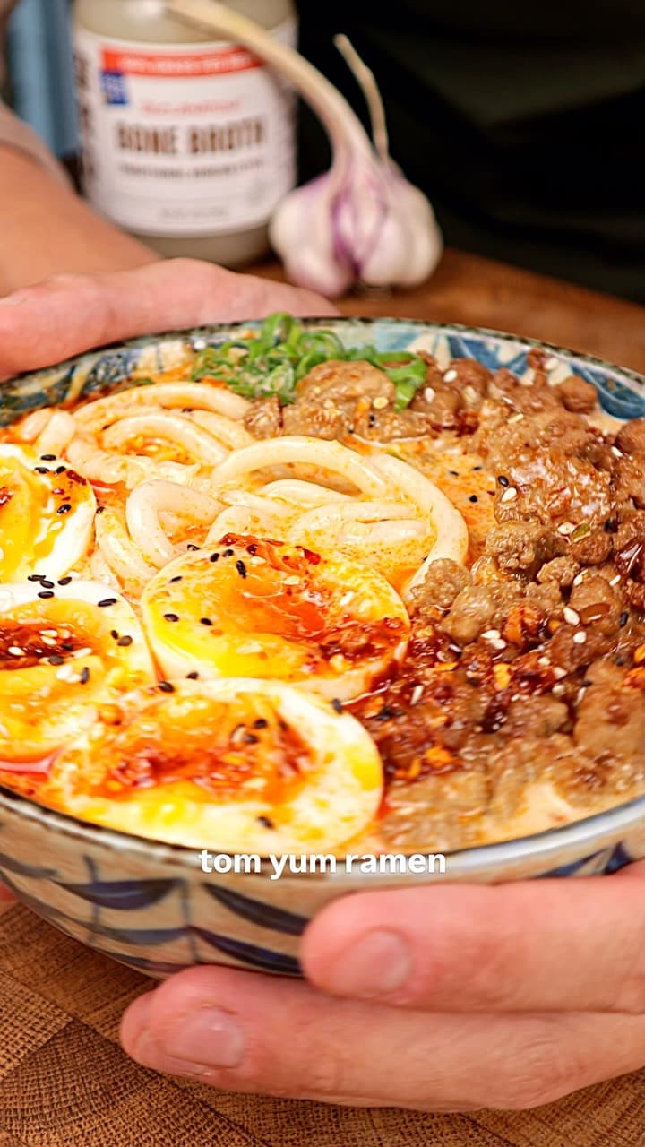Creamy Tom Yum Noodles with Pork Mince, Soft-Boiled Eggs