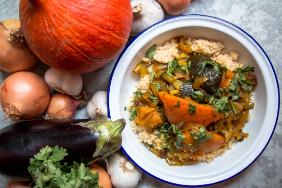 Aubergine and pumpkin tagine with caramelised onions (vegan)